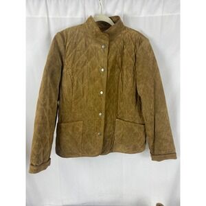 Quilted Suede Jacket Women's Brown Button Front‎ Stand Collar Casual Outerwear